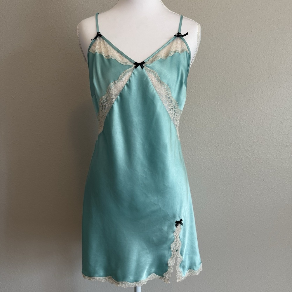 Victorias Secret Lace Satin Slip Dress Aqua Blue Mini Bow Chemise Nightie M